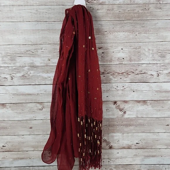 Fashion Scarf, Red with gold hardware and fringes, 70" long. - Picture 6 of 6